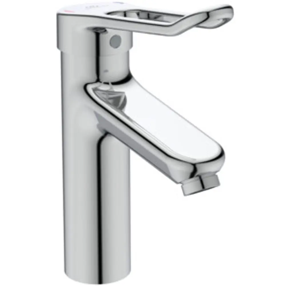 Chromfarbene Ideal Standard Armatur mit einem Bügelgriff, die für Waschtische geeignet ist, ohne Ablaufsystem. Klare Linien und funktionales Design.